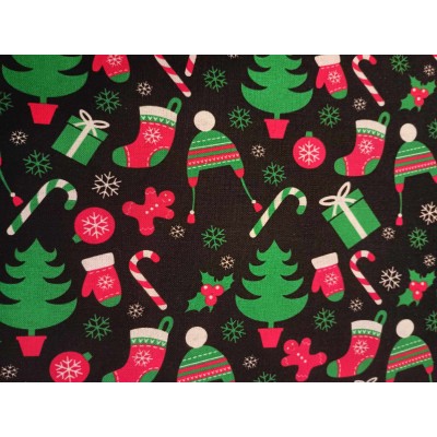 Foulards Noël : noir sapin/tuque/bas/cadeau/canne vert,rouge
